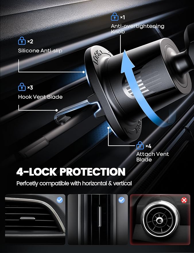 Lamicall 2026 Wider Clamp & Metal Hook Car Phone Holder Vent [Thick Cases Friendly] Phone Holders for Your Car Camera Mounts Automobile Hands Free Cradle Air Vent for iPhone 17 16 15 Pro Max Dark Grey
