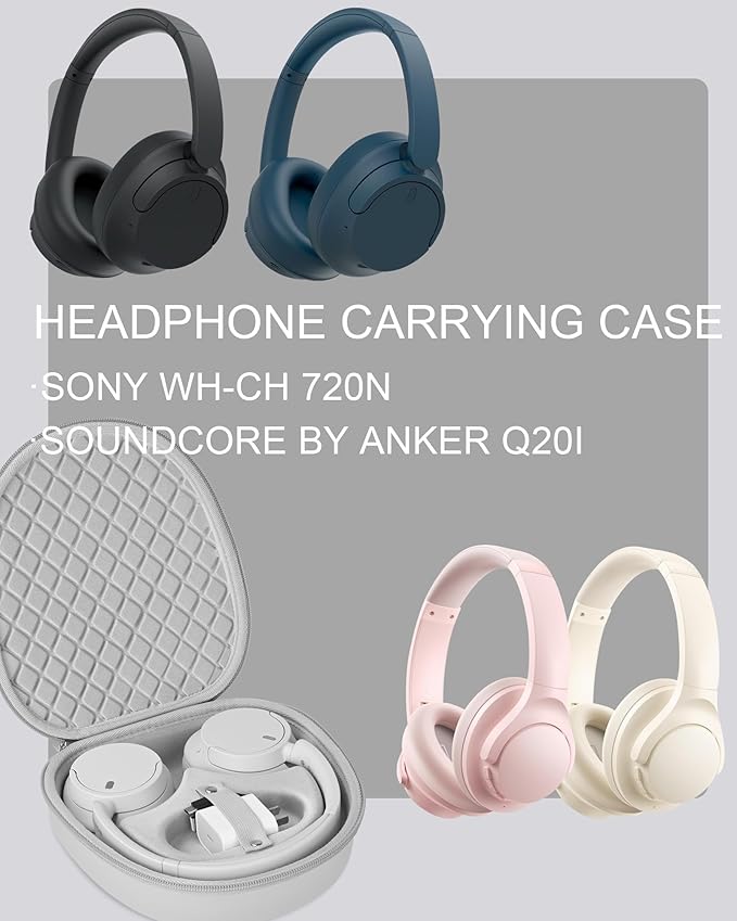 Headphone Case for Sony WH-CH720N Soundcore by Anker Q20i, Hard Portable Over Ear Headphone Carrying Case, Wireless Headphone Storage Protective Case for Travel Home (Grey)