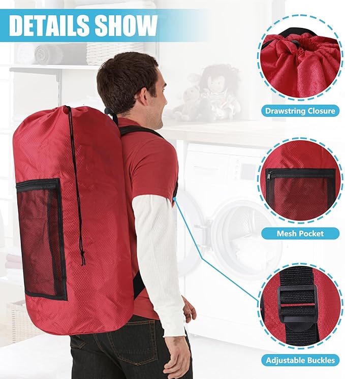 Olosar Laundry Bag Backpack, Extra Large Travel Laundry Bag with Mesh Pocket & Adjustable Shoulder Straps,Dirty Clothes Travel Bag for College Students Dorm,Apartment（Red）