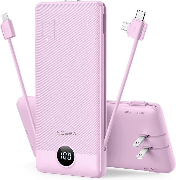 VEGER Portable Charger Power Bank with Built-in AC Plug and Cables, All in One 10000mAh Ultra Slim Travel Essentials, Fast Charging Battery Pack Compatible with iPhone, Samsung, Android, Purple