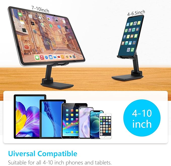 2 Pcs Folding Cell Phone Stand, Fully Adjustable Angle Height Phone Stand for Desk, Foldable/Portable Desktop Phone Holder Compatible with All Phone 14 13 12 11 Smartphones (Black and Black)