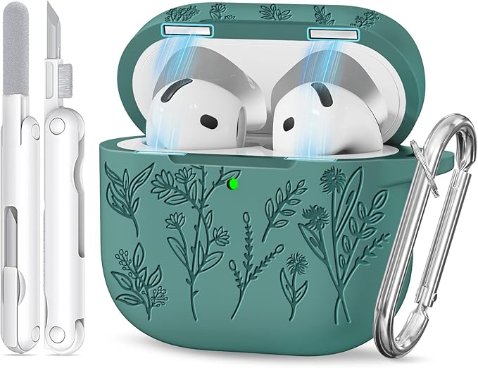 for Airpods 4 Case with Magnetic Lid, Ekoonpft Flower Engraved Cases for Apple AirPods 4th Generation 2024, Soft Silicone Cover for Women Girly with Cleaning Kit & Keychain, Shockproof