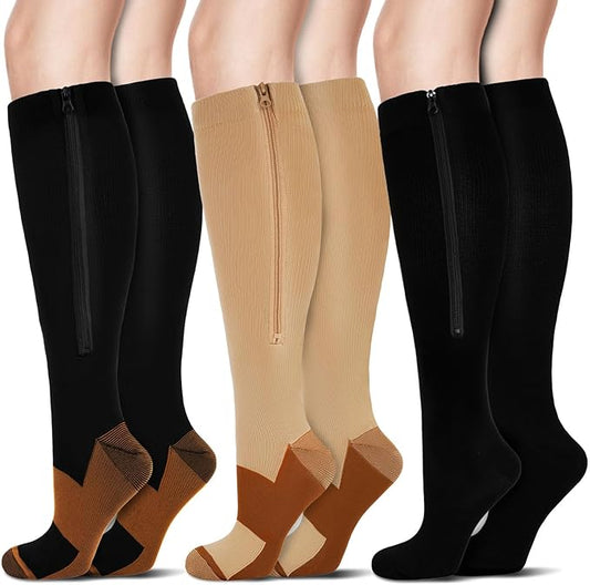 3 Pairs 15-19mmHg Zipper Compression Socks for Women and Man,Black Compression Socks with Zipper for Sports, Travel, Pregnant and office Workers