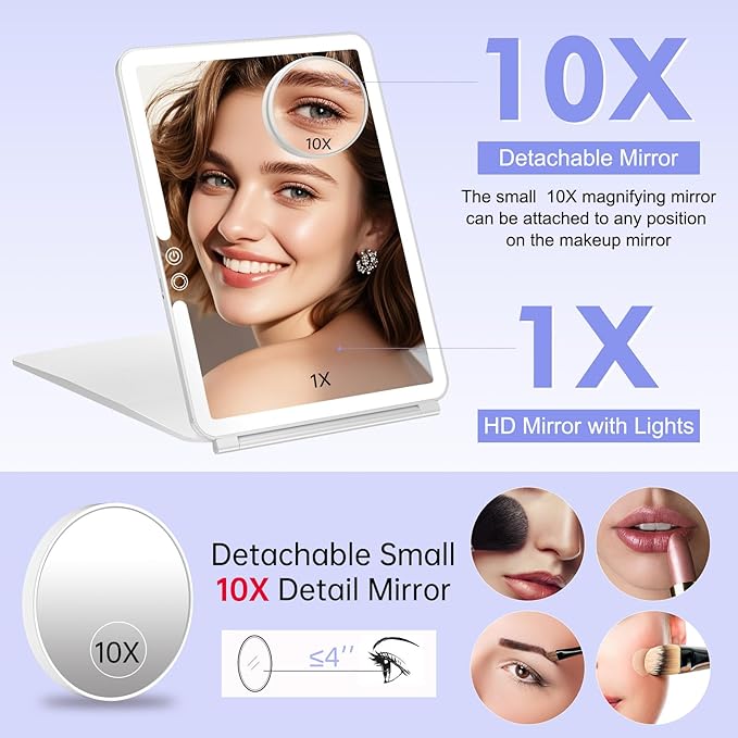 FUNTOUCH Rechargeable Large Travel Makeup Mirror with Lights, 2500mAh 10x7.5 Portable Lighted Makeup Mirror with 3 Color Lights, Dimming Folding Light Up Travel Mirrors with 10X Magnifying Mirror