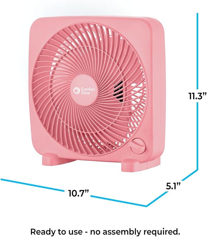 Comfort Zone 9-inch Portable Box Fan – Compact Desktop Cooling Fan with 3-Speeds, Quiet Operation, Built-in Carry Handle & Safety Grill – ETL Listed for Home, Office, or Dorm – Pink