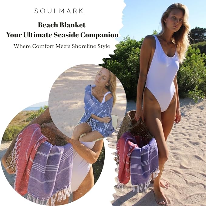 SOULMARK 100% Cotton Turkish Beach Towel with Bag - 38"x71" - 2 Pack - Made in Green & Oeko TEX Certified - Pre-Washed and Sand Free - Quick Dry and Lightweight for Travel - Made in Turkey - Purple