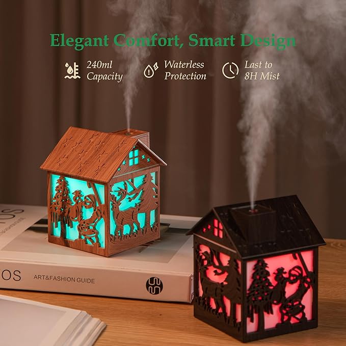 Christmas Wooden House Humidifier - 240ml Cool Mist Mini Humidifier with Santa Claus LED Design, 7-Color Lights, USB Powered, Auto Shut-Off, Holiday Decor Gift for Bedroom, Home, Office (Dark Wood)