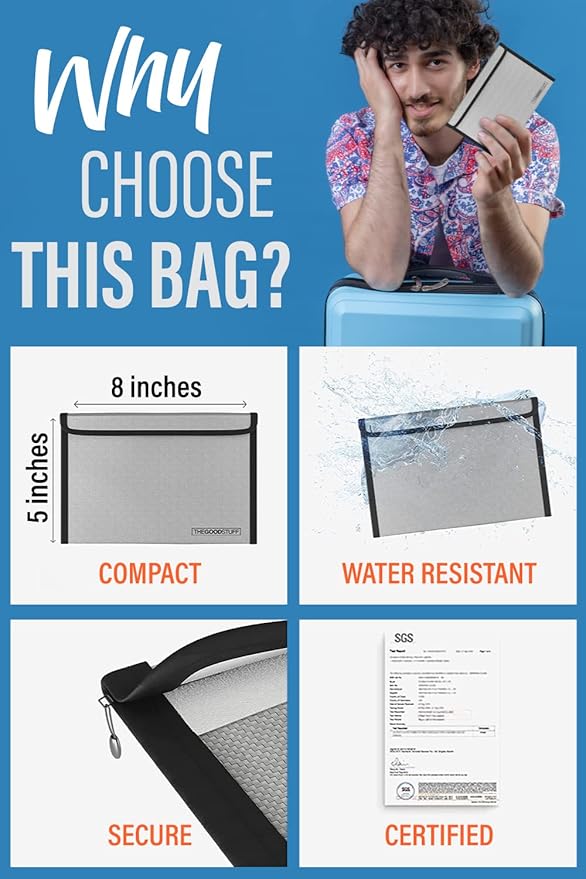 Fireproof Document Bag Envelope Size: 8" x 5" [2000°F Rated] Fireproof Cash Bags with Zipper Small Water and Fire Resistant Money Bag for Cash Storage, Fireproof Bags for Cash Fire Proof