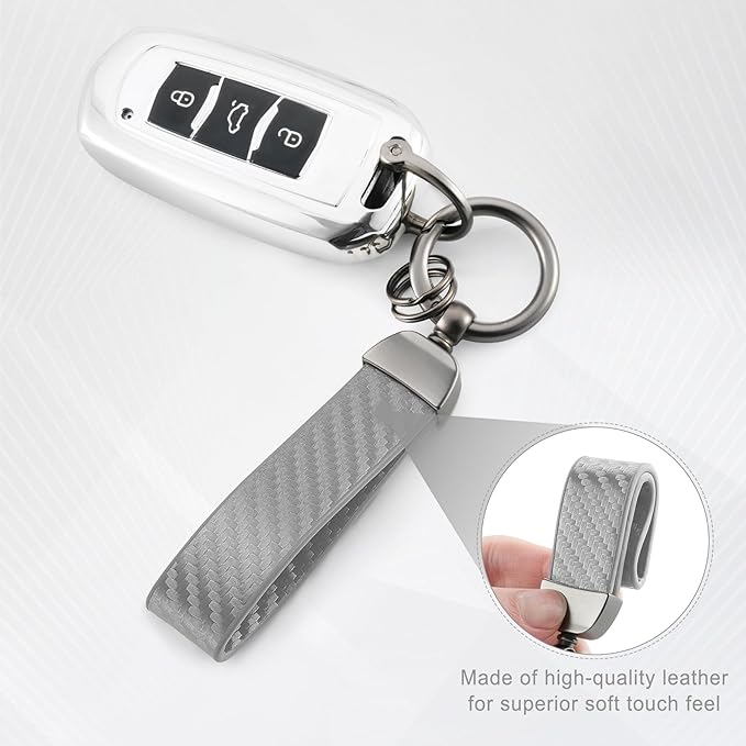JUSTTOP Leather Keychain, Carbon Fiber Car Key Chain with Anti-Lost D-Ring and 2 Key Ring, Keychain Wristlet, Car Accessories, Universal Keychain for Men and Women (Grey)