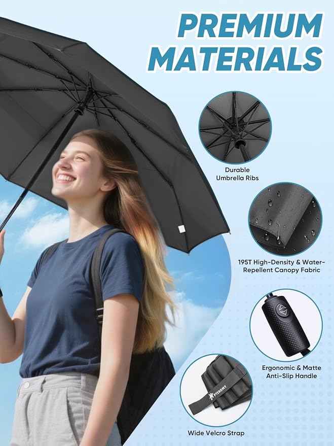PTEROMY Windproof Travel Umbrellas for Rain and Sun, Withstands 85MPH Winds Auto Open Close Folding Umbrella with Ergonomic Handle, Quick Dry Canopy for Commuting or Backpack