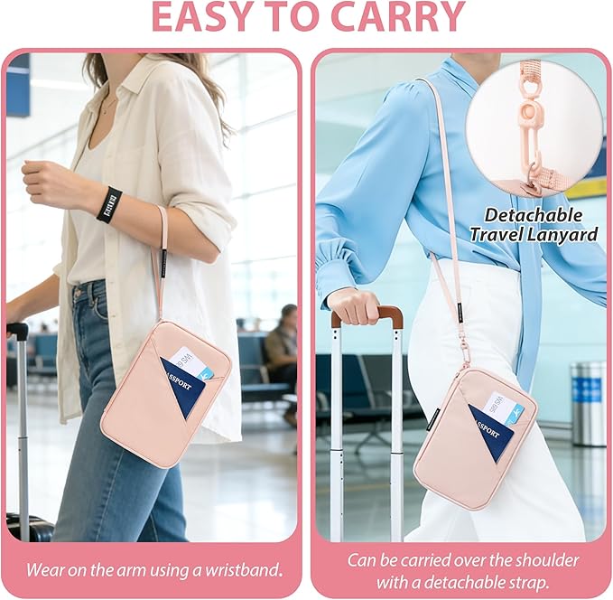 Veki Passport Holder for Travel Women Family, Passport Wallet Bag, RFID Travel Document Organizer, Waterproof Passport Holder for Men, Portable Case for Cards, Cash, Tickets, ID (Pink, L)