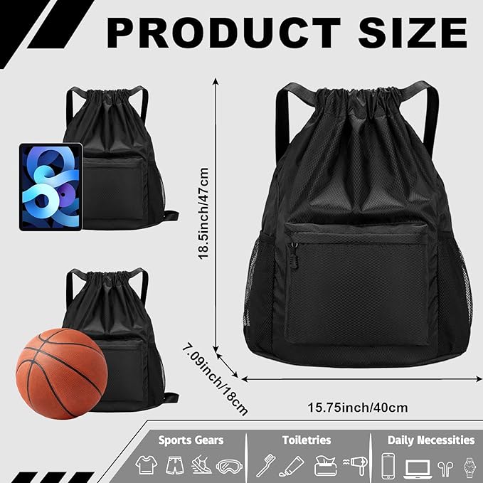 Tygelluis Drawstring Backpack, Waterproof Gym Bag with Water Bottle Pocket for Women Men, Pull String Sport Bag for Swim, Soccer and Basketball,Black