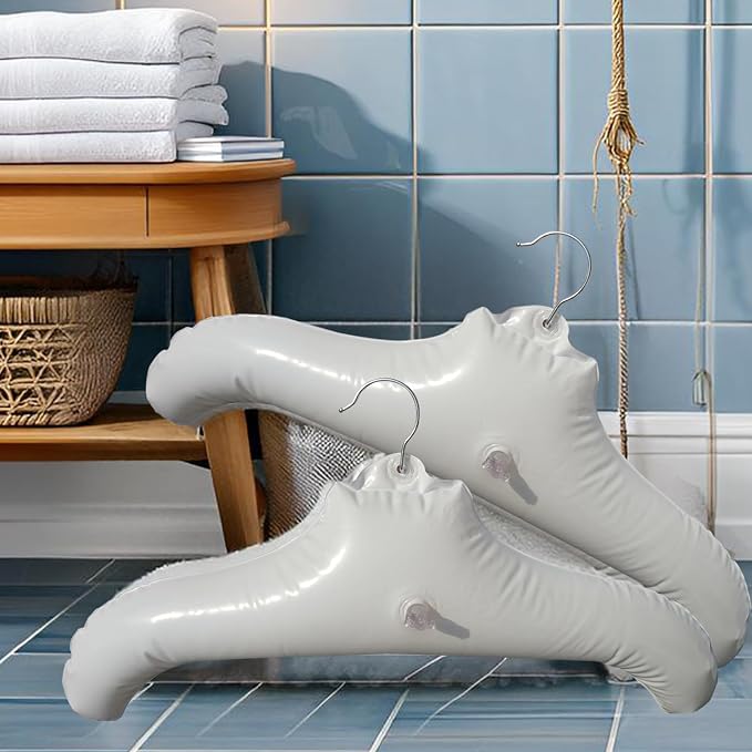Inflatable Hangers for Travel X 2 in White Round Shoulder, Air Blow up Clothes Drying Hangars with Metal Hook, Compact, Space Saving, Foldable, Portable, Non Slip for Hand Wash Laundry