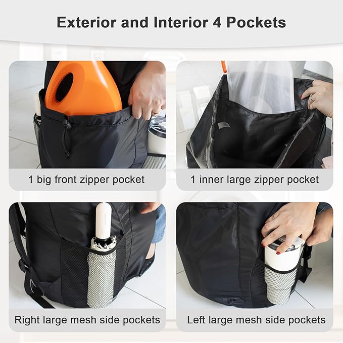 Polecasa Extra Heavy-Duty Backpack Laundry Bag 13.5x29- Large Drawstring bag with Comfortable Padded Shoulder Straps & 4 Pockets & ID Tag for Dorm, College, Travel, Black