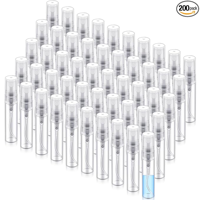 Zhehao 200 Pcs Mini Spray Bottles 5 ml Clear Glass Perfume Bottles Refillable Fine Mist Perfume Atomizer Portable Empty Sample Containers for Cleaning, Essential Oils, Travel (Clear Cap)