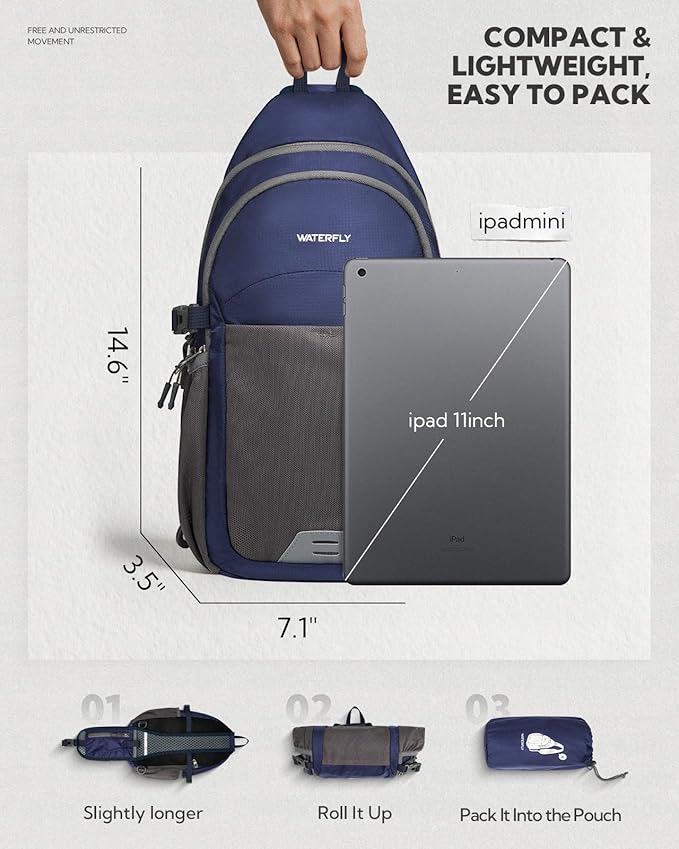 WATERFLY Packable Crossbody Sling Bag: Small Lightweight Travel RFID Blocking Sling Daypack with Water Bottle Holder - Shoulder Chest Bag Backpack for Women Men Hiking Traveling Theme Parks