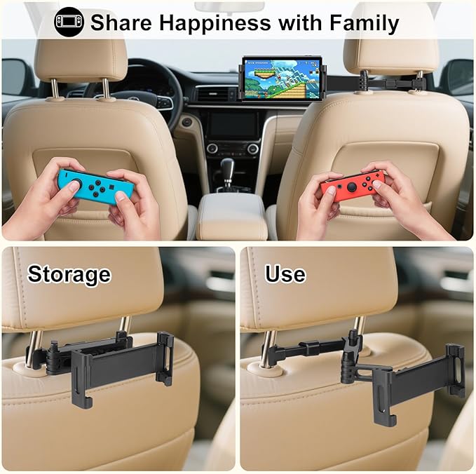 Tablet Holder for Car, 3 in 1 Extension Arm Adjustable Car Headrest Tablet Holder Road Trip Essentials Back Seat Tablets Cars Mount Compatible with iPad Pro, Air, Mini, 4.7-11" Devices