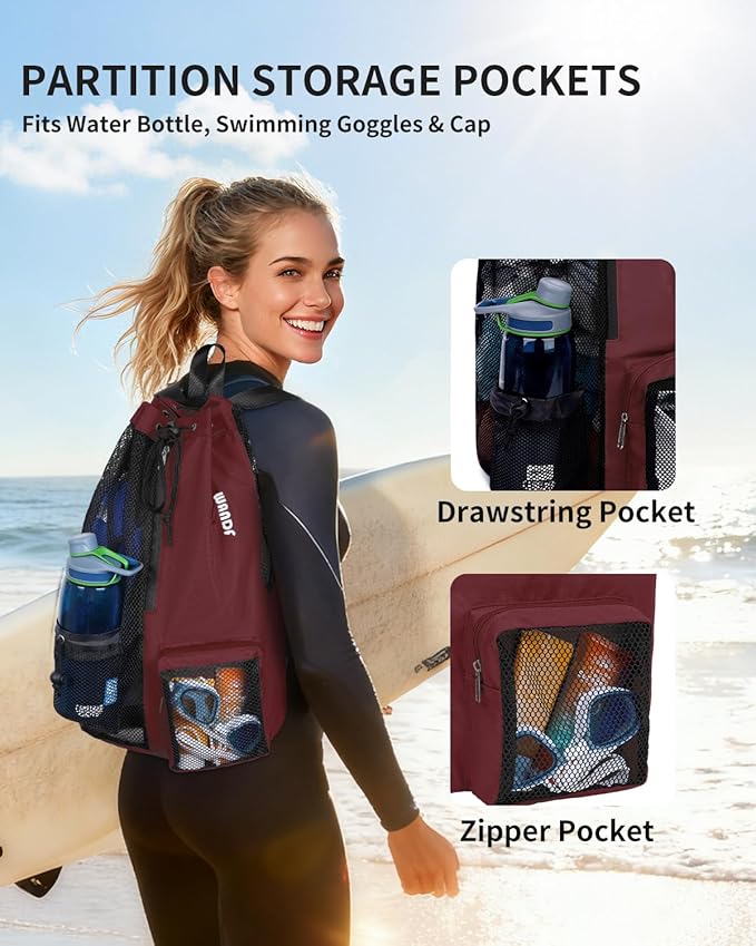 WANDF Swim Bag Mesh Drawstring Backpack with Wet Pocket for Swimming, Gym, and Workout Gear