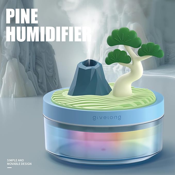 Mini Desk Humidifier with Pine Tree Landscape Decoration, Colorful Light, 320ml Capacity, Cool Mist, USB Powered. Perfect for Bedroom, Office & Car