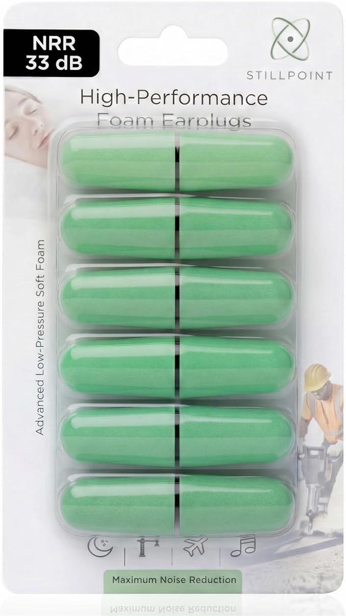Soft Foam Earplugs, 33 dB NRR, (6 Pair 12 Ear Plugs) Maximum Protection for Sleeping; Silence Snoring, Airplanes, Airports, Power Tools, Phone Conversations, Loud Work Environments (Green)