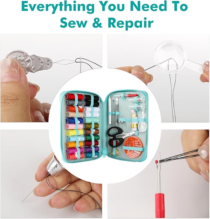 198pcs Sewing Kit for Adults Portable Travel Sewing Set,Dorm Room Essentials for Girls, Including Emergency Repair Tools Such as Needle and Thread, Scissors, Marker pens Needle and Thread kit (Mint)