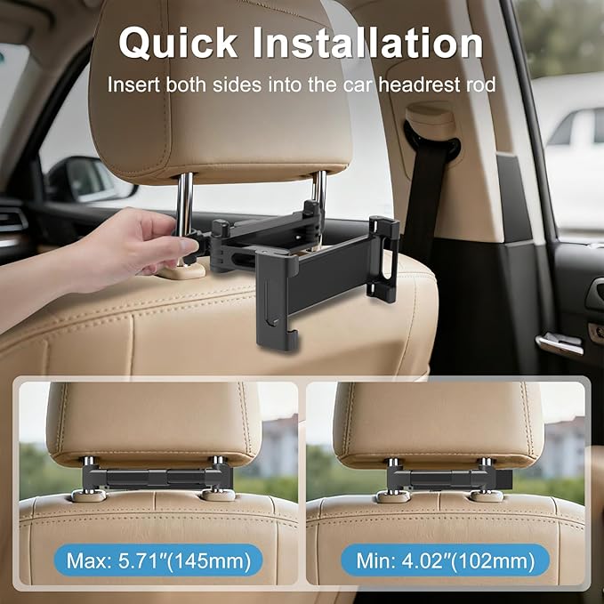 Tablet Holder for Car Headrest, Adjustable 360° Rotating Car Tablet Mount, Car Back Seat Stand for iPad, Road Trip Essentials for Kids, Compatible with 5.2-10.3" iPad Pro, Air, Mini, Galaxy