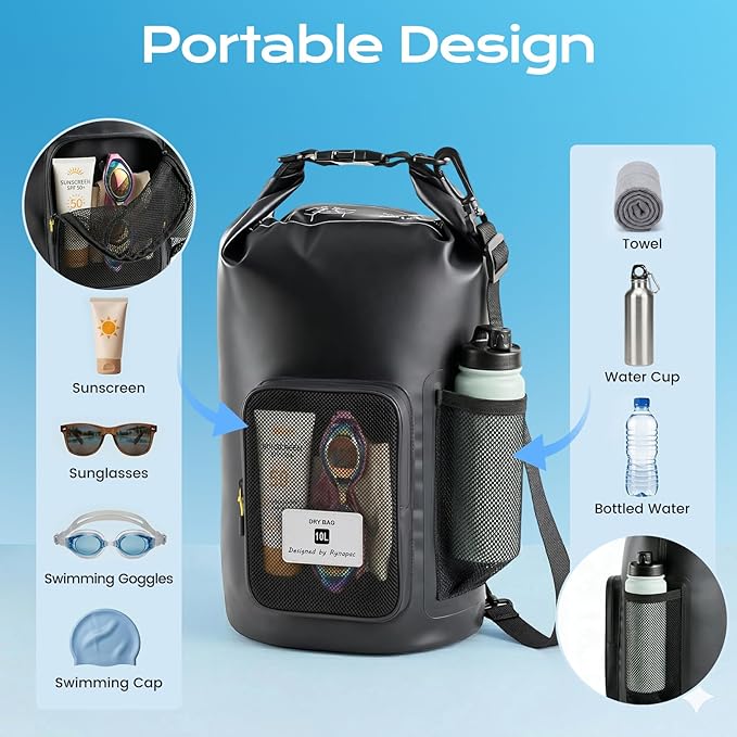 Rynapac 10L Waterproof Dry Bag with Bottle Holder & Mesh Pocket, 500D PVC Tarpaulin Roll Top Dry Sack with Inner Waterproof Adsorption Film, Dry Storage Bag for Kayaking, Boating, Beach, Camping