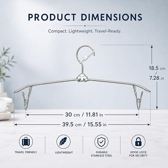 5 Pack Silver Travel Hangers with Clips, Portable Stainless Steel Folding Clothes Hangers with Windproof Hook, Heavy Duty Non-Slip Space Saving Hangers for Cruise Essentials, Camping, Hotel