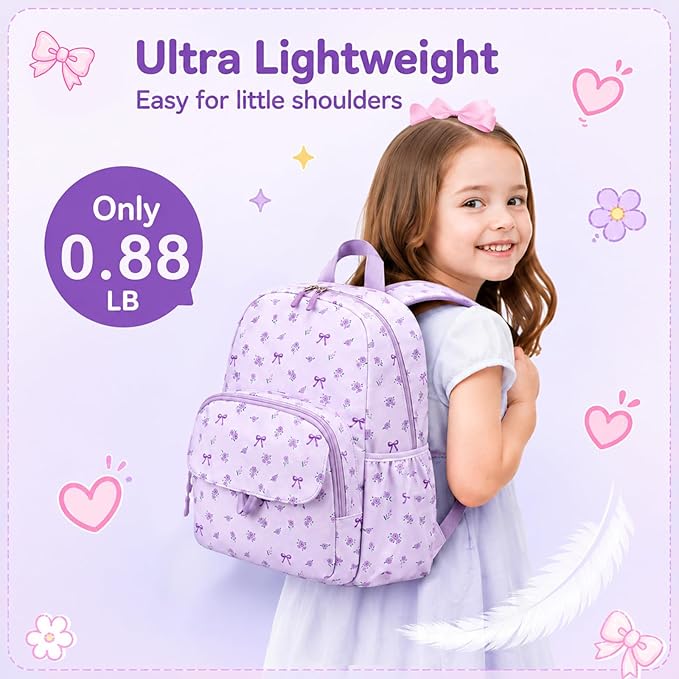BTOOP Kids Backpack for Girls 4-6, Small Girls Backpack-Preschool Kindergarten School Bookbag with Insulated Lunch Compartment & Chest Strap for Girl (Purple-Bow, Age 3-6 (14.5" H Fit Folder))