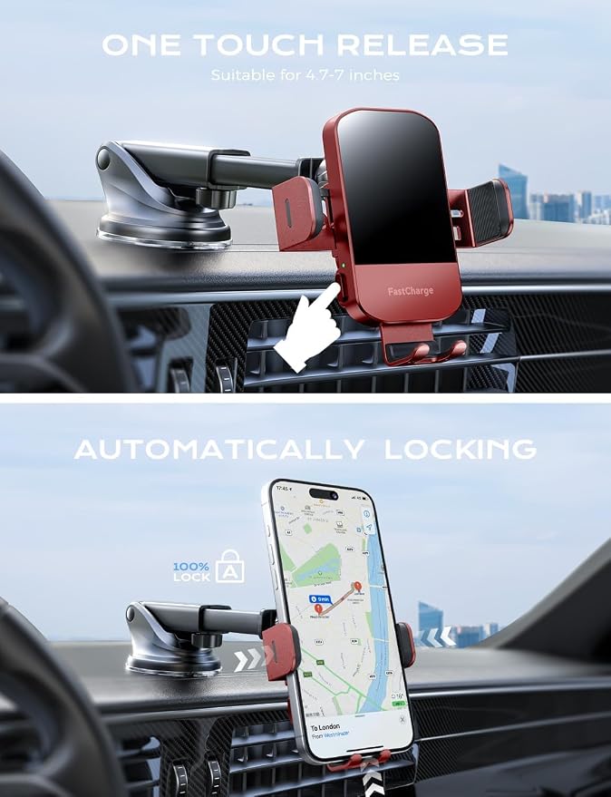 Wireless Car Charger, 15W Fast Charging Auto Clamping Car Charger Phone Mount Phone Holder fit for iPhone 15 14 13 12 11 Pro Max Xs, Samsung Galaxy S24 Ultra S23 S22 S21, S20, S10+, Red