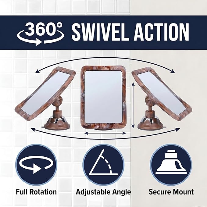 MIRRORVANA Fogless Shower Mirror for Shaving - Shatterproof Surface, Upgraded Suction Cup, and 360° Swivel Design - 6.3" x 6.3" (Cocoa Marble Print)