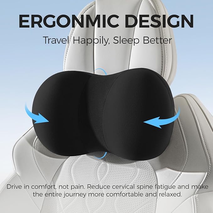BABUR Car Headrest Pillow, 100% Memory Foam Softness Neck Support Pillow, Universal Fit Head Rest Travel Pillow for Pain Relief While Driving, Breathable Washable Cotton Fabric (Black)