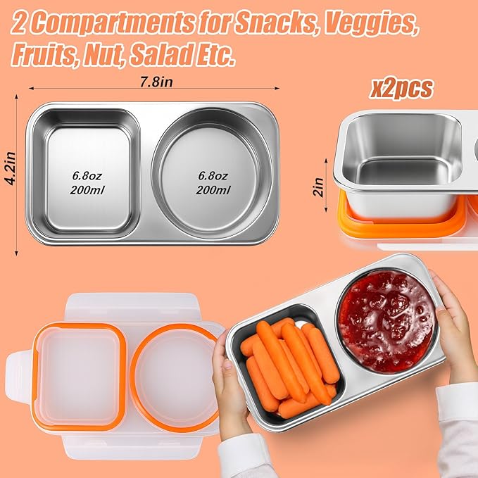 Palksky Stainless Steel Snack Containers, 2 Compartment Snack Box for Adults, Work & Travel, Reusable Food Storage Containers, 2 Packs