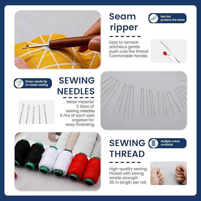 TLKKUE 40 Pcs Sewing Kit, Steel Needles for Hand Sewing, Sewing Kit for Adults with Sewing Needles Storage Bag Threads Thimbles Seam Rippers for Repair Clothing (Red/White/Black Thread)