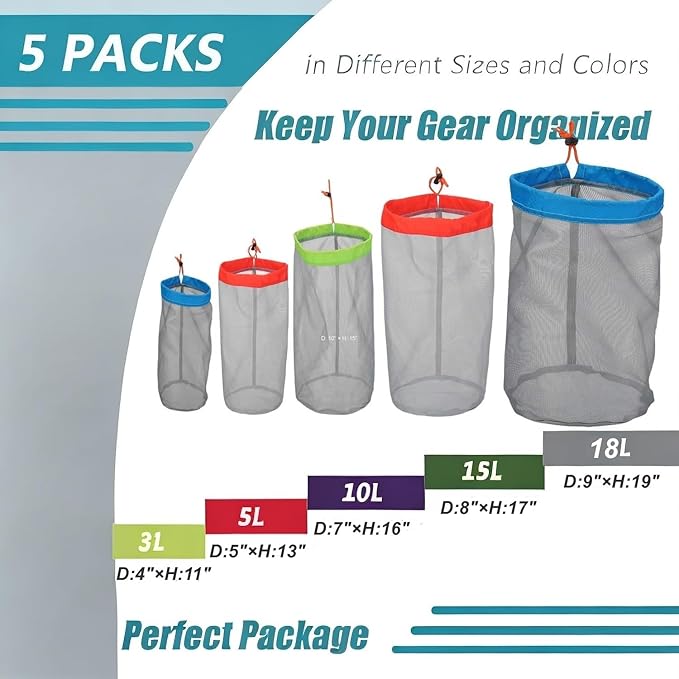 Alemon Mesh Stuff Sack, Drawstring Ditty Bags Storage Pouch Bag Stuff Sacks for Backpacking Travel Camping Hiking, Ultralight, Small to XXlarge Set of 5