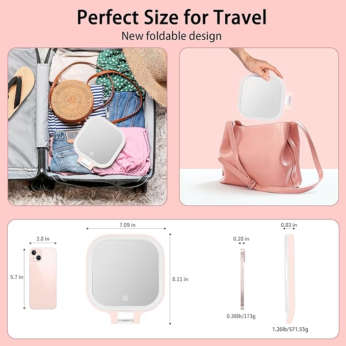 DESCHEN Rechargeable Travel Makeup Vanity Mirror with Lights and Magnification, 7" Portable 1X/10X Magnifying Mirror with 3 Color Light, Lighted Makeup Mirror with Magnification, Folding LED - Pink