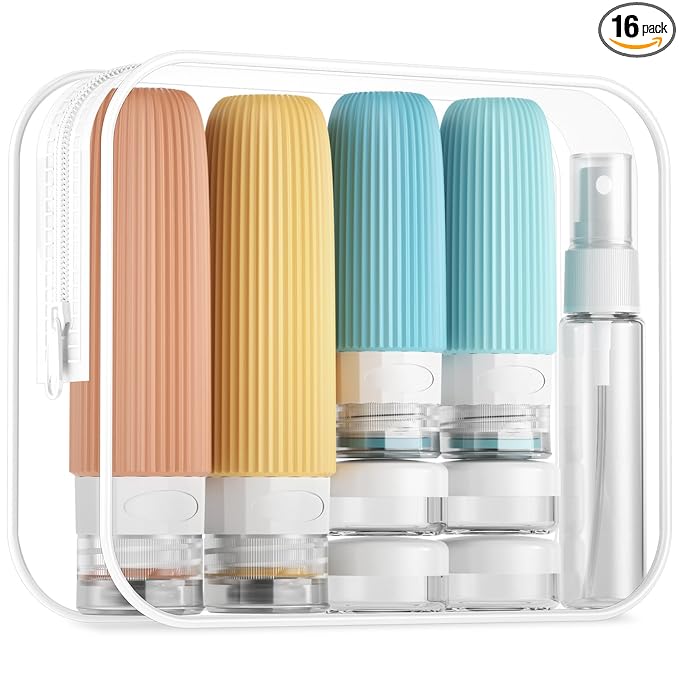 Mrsdry 16 Pack Travel Bottles Set, TSA Approved Leak Proof Silicone Squeezable Containers for Toiletries, Refillable Travel Accessories for Conditioner, Shampoo, Lotion & Body Wash Accessories