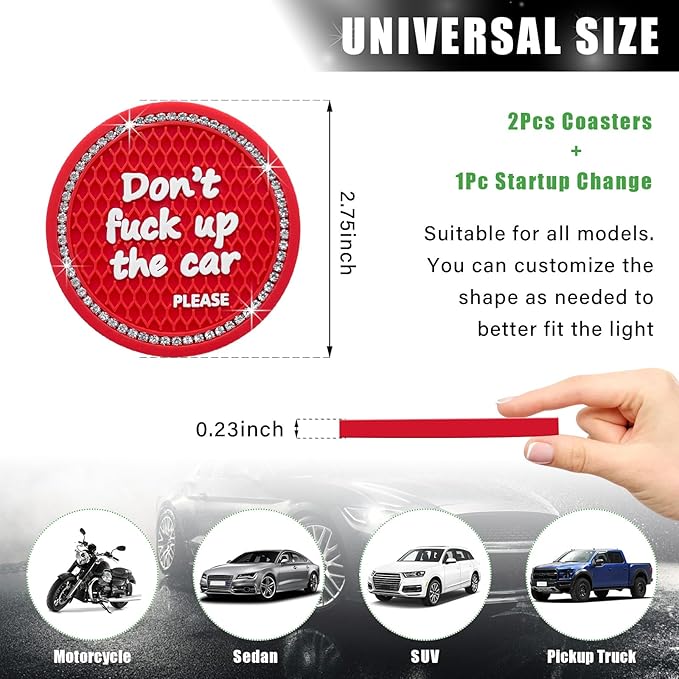 Ziciner 2 Pack Bling Car Cup Holder Coaster, 2.75 Inch Anti-Slip Auto Insert Cup Coaster, Crystal Car Drink Cup Mat Perfect for Women Girls, Universal Interior Decor Accessories (Red)
