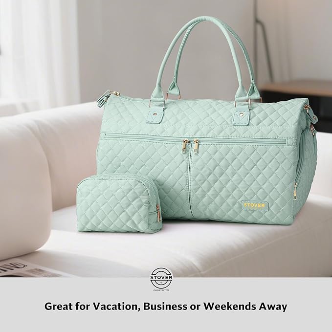 STOVER Women’s Convertible Garment Duffel Bag for Travel – 2-in-1 Carry-On Weekender/Overnight Tote - Wrinkle-Free Dresses, Suits & Clothes + Shoe Compartment & Bonus Toiletry Bag (Coastal Mint)