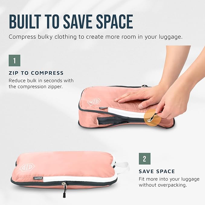 Large Compression Packing Cubes for Travel-Packing Cube Luggage Organizers 7 Piece Set for Checked Luggage-Ultralight, Expandable/Compression Bags by TRIPPED Travel Gear (Dusty Rose)