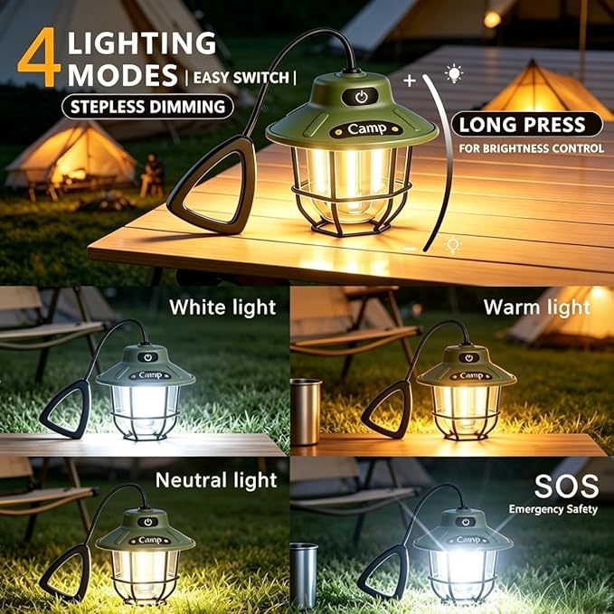 Camping Lantern Rechargeable, Camping Lantern 1200LM 3 Brightness, Adjustable Brightness, Portable LED Camping Tent Light, Rustic Lantern Decor, Camping Tent Lamp, Camping Essentials for Home(2 Pack)
