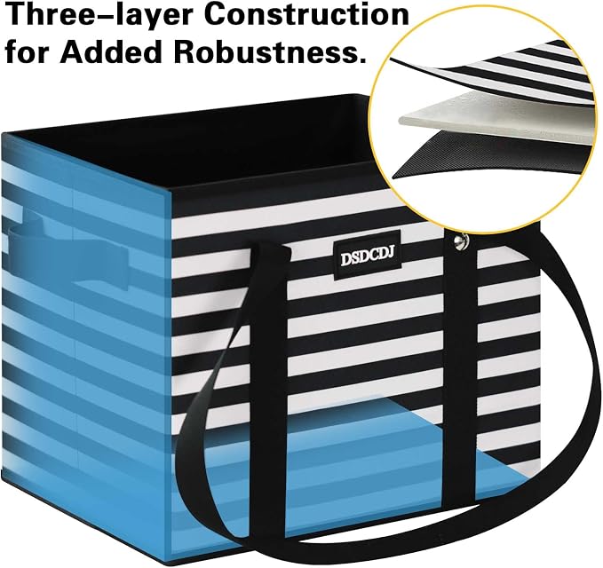 Reusable Grocery Bags 3 Pack - Heavy Duty Reusable Shopping Bags with Hard Bottom & Long Handles, Foldable Utility Tote Bag with Box Shape to Stand Up, 13x10.23x11in, Stripe Black