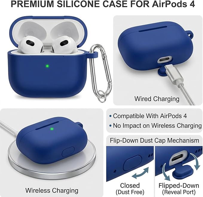 for Airpods 4 Case, Come with Cleaner Kit,Soft Skin Silicone Case Cover with Keychain, Full Protective Case for Men and Women, Compatible with AirPods 4th Generation Case,Sapphire Blue