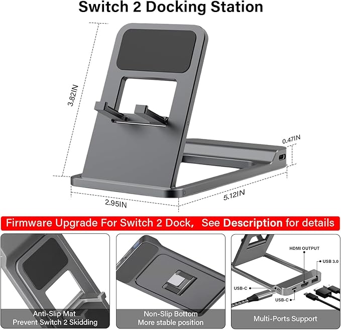 Switch 2 Dock Station, 4K HD Switch 2 TV Dock, Travel Portable Holder with SW2/SW/Tablet/Phone 60W PD, Charging Stand with HDMI/Type-c/USB 3.0(NS2'S 21 Version Requires Update)
