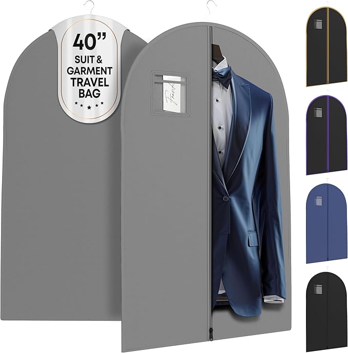 Your Bags Travel Garment Bag – Durable Zippered Single Suit Bag for Storage – Water-Resistant Clothes Cover - Hanging Garment Bags for Travel with ID Pocket – 40" x 24" - Grey (Pack of 1)