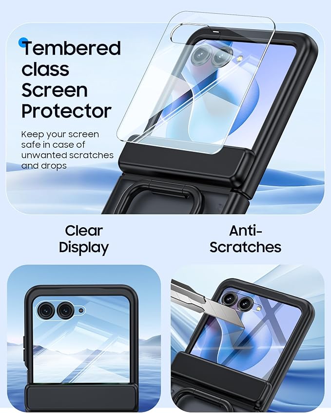 for Motorola Razr 2025 Case/Razr 2024 Case with Ring Holder & Screen Protector & Hinge Protection, Skin Feel Matte PC, Shockproof Phone Cover for Razr 2025/2024-Black (NOT for Plus/Ultra)