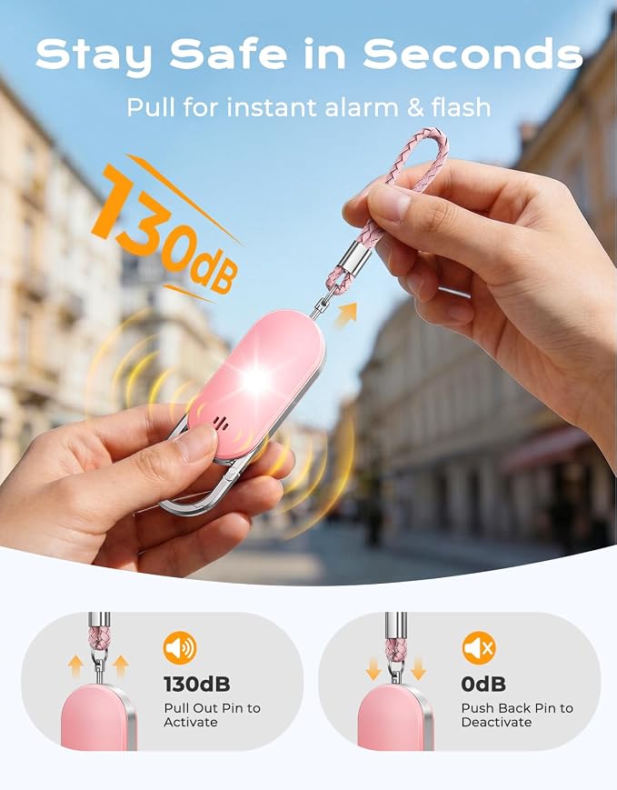 ISEYOU Personal Safety Alarm, 130dB Double Speakers Personal Alarms for Women, Strobe Light and Low Battery Notice, Rechargeable Self Defense Keychain for Seniors College Girls Gift