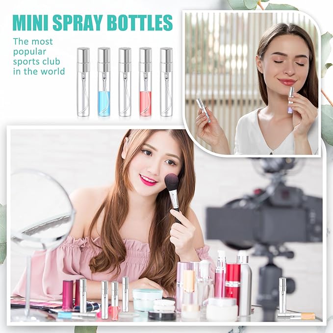Zhehao 1 Pcs Mini Spray Bottles 5 ml Clear Glass Perfume Bottles Refillable Fine Mist Perfume Atomizer Portable Empty Sample Containers for Cleaning, Essential Oils, Travel (Silver Cap)