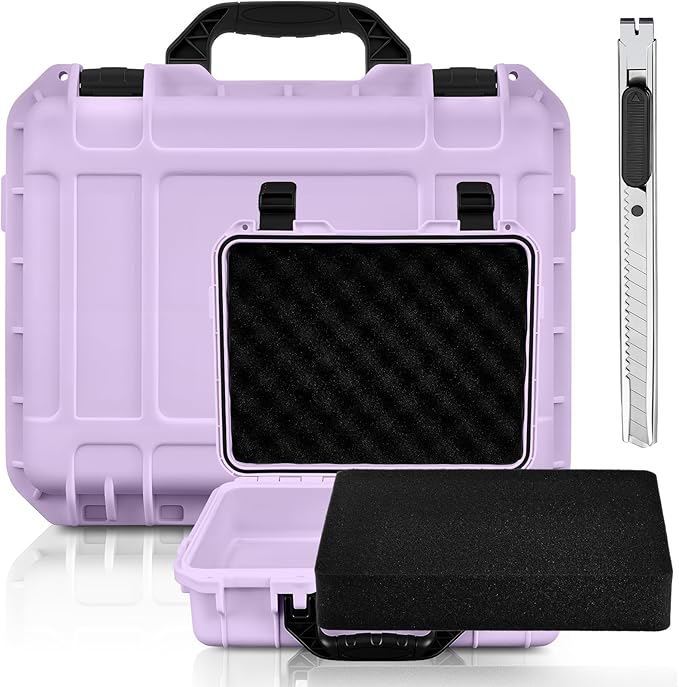 Relaxweex 1 Pcs Waterproof Hard Case with DIY Customizable Foam Insert Portable Protective Case with Knife for Camera Drones Equipments Tools Test Instruments(Purple,14.3 x 11.4 x 4.5 Inch)