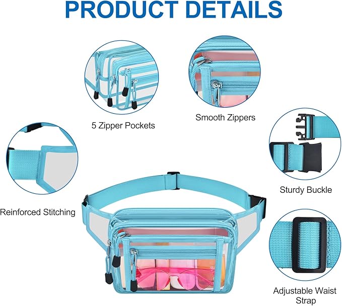 Clear Bag Stadium Approved Clear Fanny Pack for Women for Work,Multi-purpose Waist Bag for Travel & Sporting Event